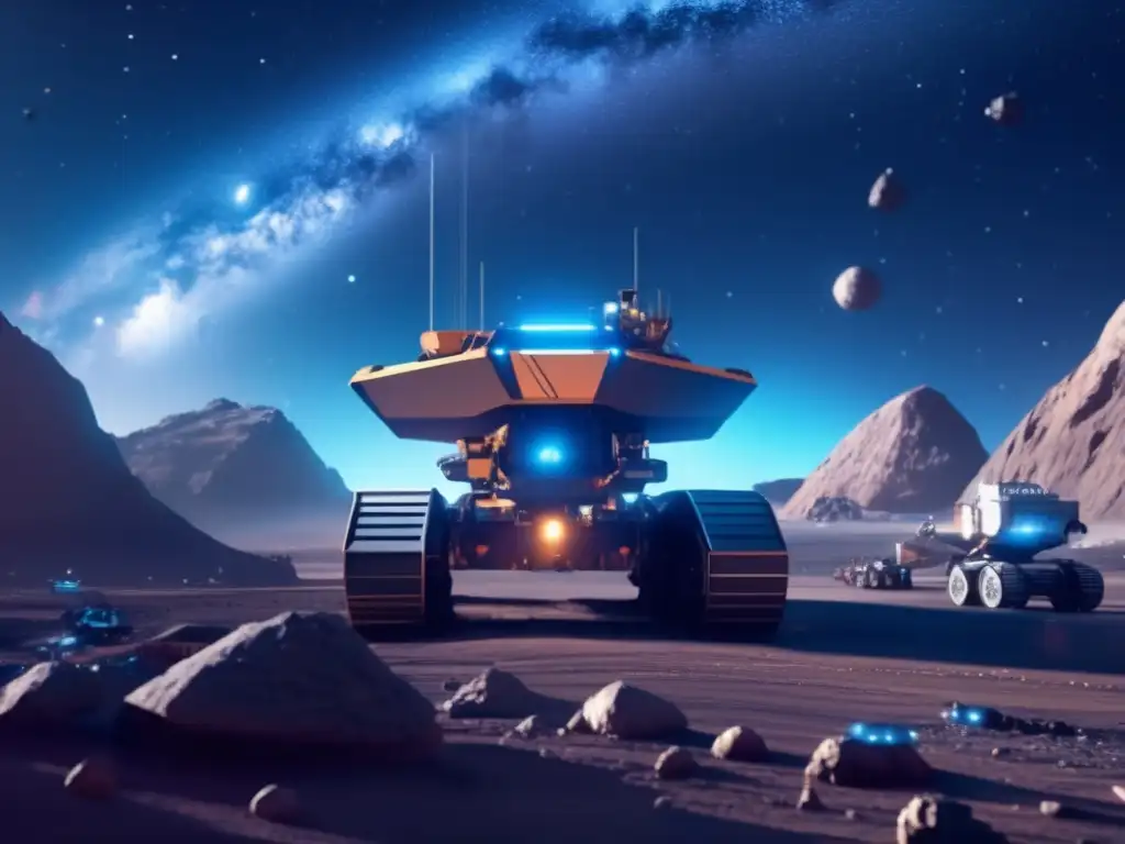Futuro minero sostenible en asteroide Impacto ambiental minería asteroides: operación minera futurista en un asteroide, tecnología avanzada, precisión y ecoamigable