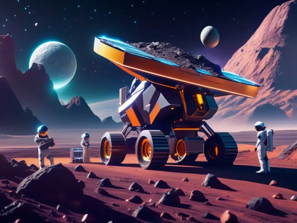 Operación minera futurista en asteroide Impacto ambiental minería asteroides: Operación minera futurista en asteroide, tecnología avanzada, reducción de impacto ambiental