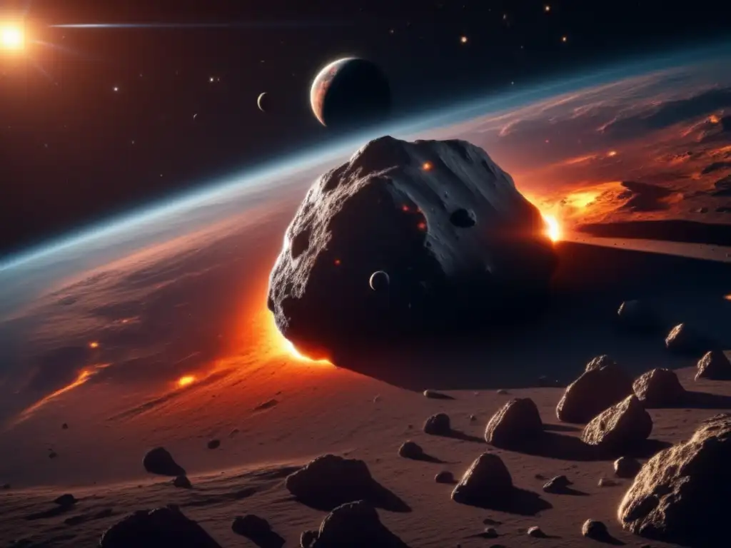Asteroide gigante en movimiento Preparación para impacto de asteroide: asombrosa imagen 8k ultra detallada de un masivo asteroide acercándose a la Tierra, revelando su superficie rocosa y sus cicatrices cósmicas