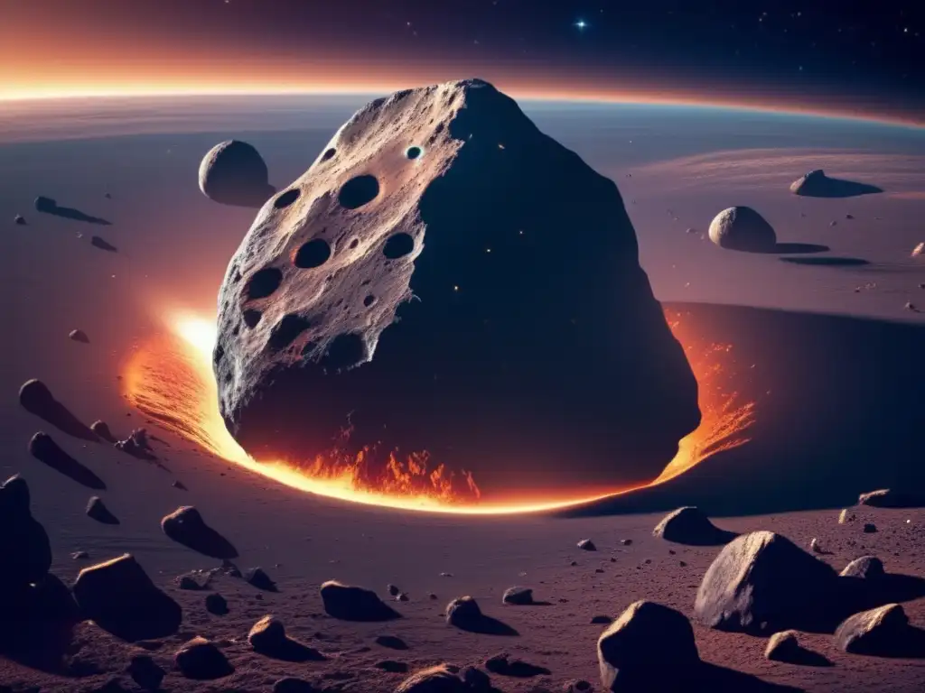 Asteroida misteriosa en el espacio Preparación para impacto de asteroide: Asteroide masivo en el espacio con terreno rocoso y cráteres, rodeado de estrellas