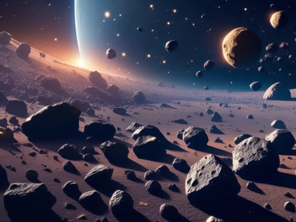Impresionante campo de asteroides en el espacio Impacto asteroide en Big Bang comprensión: Asteroides flotando en espacio con formaciones intrincadas y características únicas