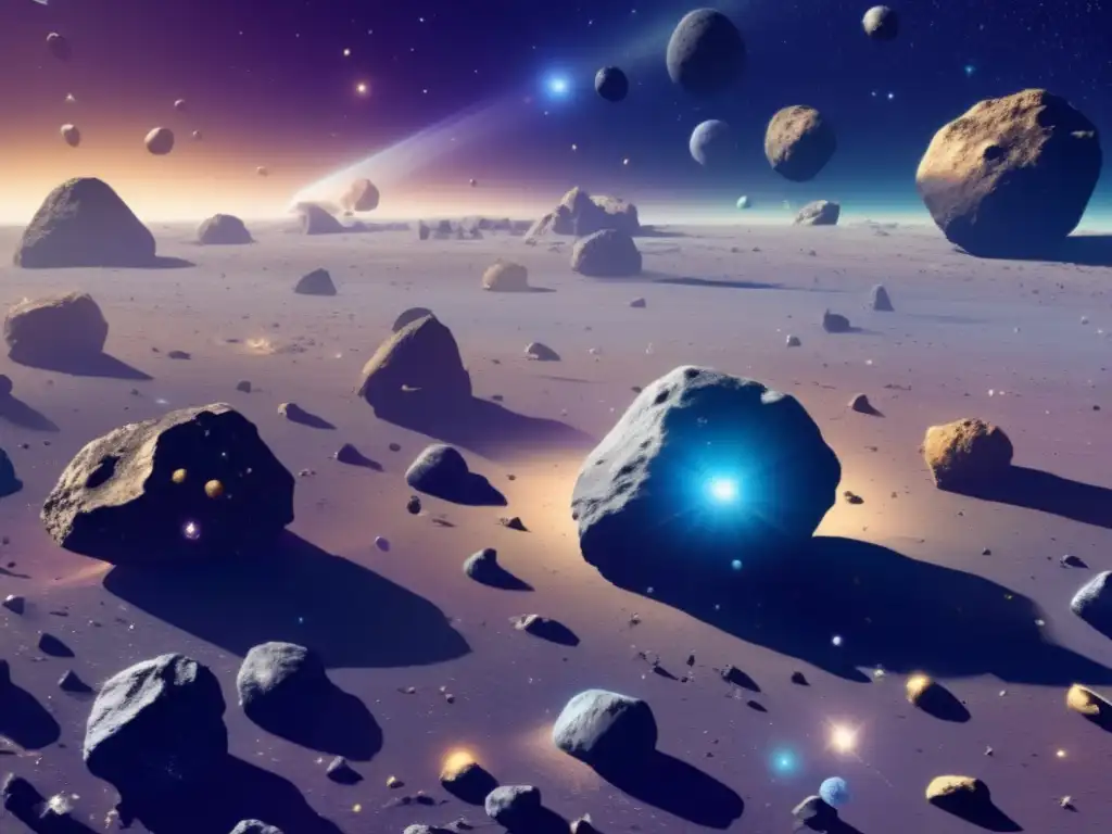 Asteroides: riqueza cósmica y oportunidades Preparación para impacto de asteroide: Vista cósmica de asteroides y nave espacial futurista