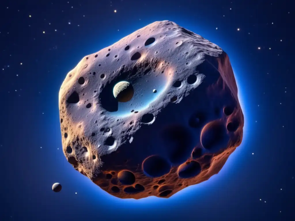 Momento asombroso: tránsito de asteroide Impacto asteroide tierra exploración: imagen 8k de un asteroide transitando, con textura y movimiento, en un cielo indigo estrellado