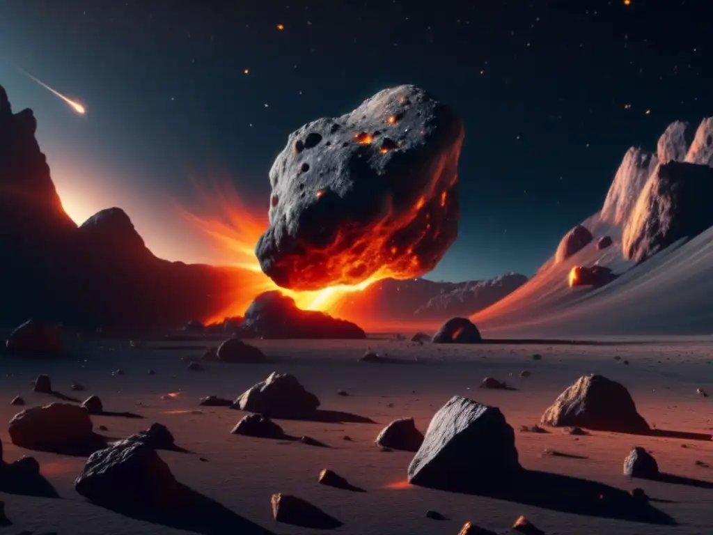 Impresionante asteroide en el espacio con nave minera Impacto asteroide: minero espacial recolecta recursos en el espacio