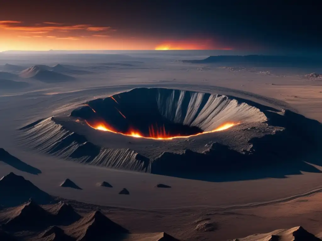 Impacto de asteroide: consecuencias y paisaje Impacto asteroide: paisaje desolado y cráter colosal, sombras espaciales