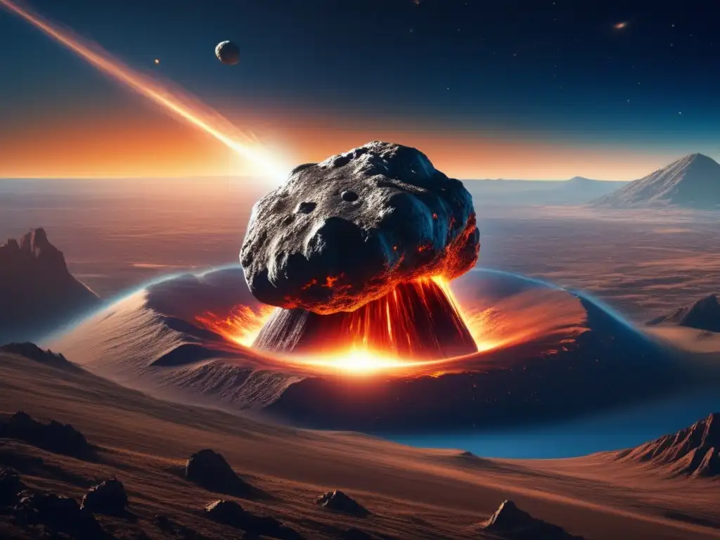 Impacto de asteroide en la Tierra Impacto de asteroide: paisaje impactante con cráter y sistemas de monitoreo global