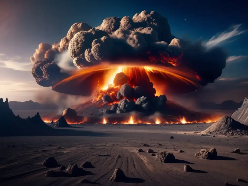 Destrucción cósmica: Impacto de asteroide Impacto de asteroide en la Tierra: cráter gigante, paisaje devastado, cielo caótico reflejando la destrucción