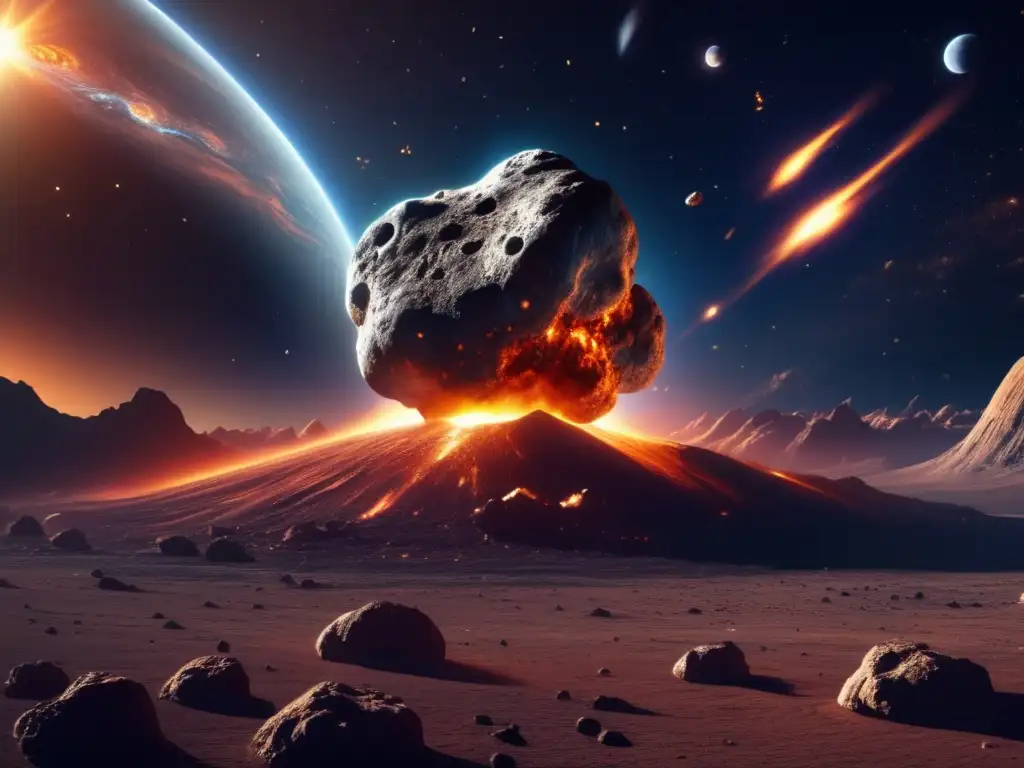 Asteroide impactando Tierra Impacto de asteroide en la Tierra: escena ultradetallada de un asteroide masivo acercándose a nuestro planeta, con el universo como telón de fondo estrellado