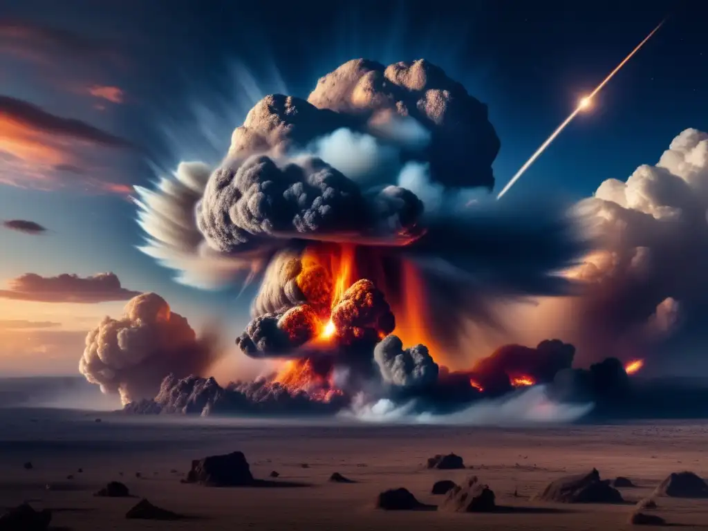 Impacto devastador de asteroide en la Tierra Impacto de asteroide en la Tierra: escena caótica con explosión, humo, cráter, daños y mina de asteroides