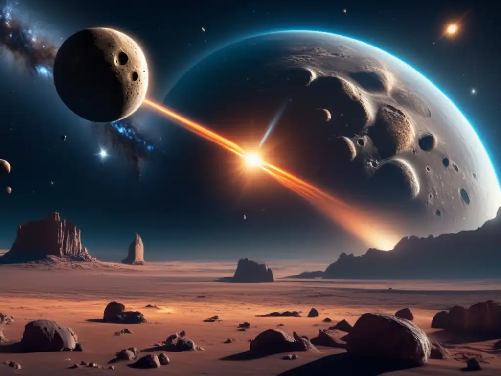 Espectacular imagen 8k de un asteroide centauro en el espacio Impacto asteroide en la tierra: imagen celestial con asteroide centauro rocoso y helado, cometa, colores vibrantes, misterios y recursos