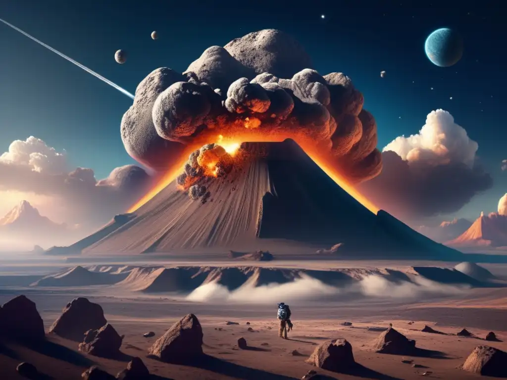 Impacto de asteroide en la Tierra Impacto de asteroide en la Tierra: paisaje devastado y detallado con cráter masivo, rocas rotas, nubes de polvo