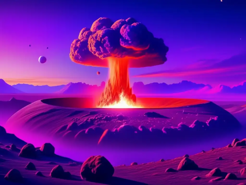 Impacto de asteroide, paisaje desolado y ciudad en llamas Impacto de asteroide en la Tierra: Exploración sostenida de asteroides mediante fusión nuclear