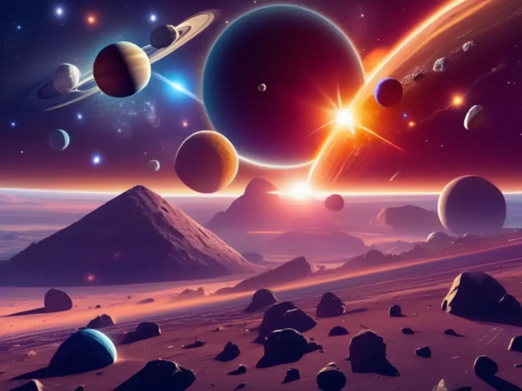 Esplendor del sistema solar y efecto Yarkovsky Impacto asteroide en la tierra: vista fascinante del sistema solar, asteroides orbitando, efecto Yarkovsky, colores vibrantes