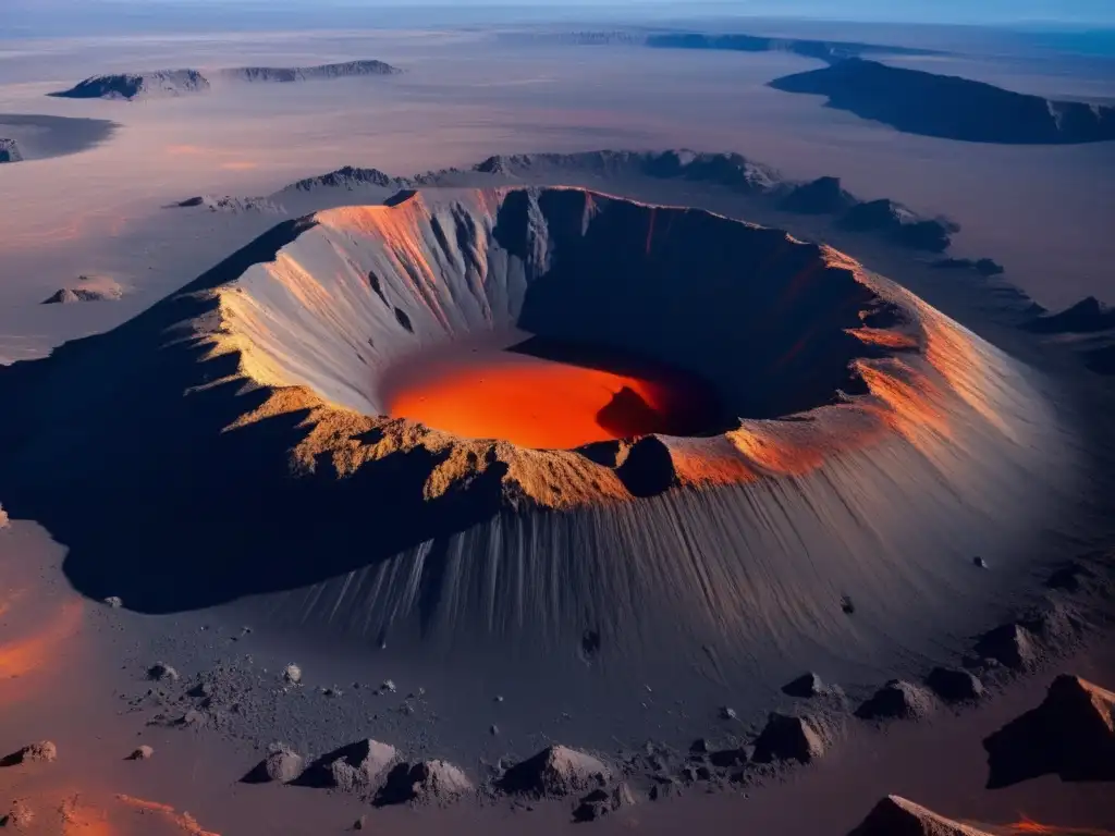 Cráter impacto asteroide tipo C Impacto de asteroide tipo C: Vista impresionante de un cráter gigante en la Tierra, rodeado de terreno accidentado y escombros