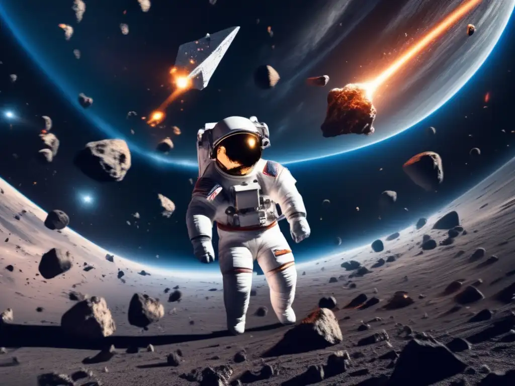 Colisión de asteroides en el espacio Impacto de asteroides en VR: Astronauta flota en el espacio, observando colisión de asteroides, con destellos y escombros