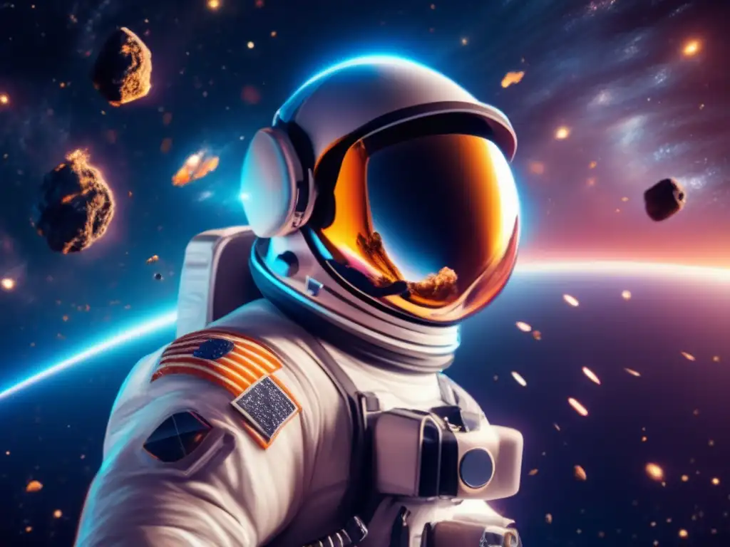 Astronauta flotando en el espacio con VR Impacto asteroides VR: astronauta flota en espacio rodeado de galaxia estelar, vive colisión asteroides, explosión de energía