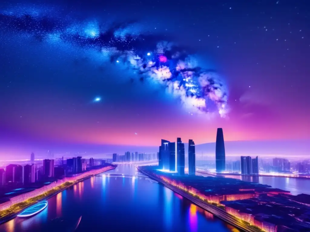 Ciudad futurista bajo un cielo estrellado Impacto de asteroides en la ciencia ficción y la fascinación por el universo