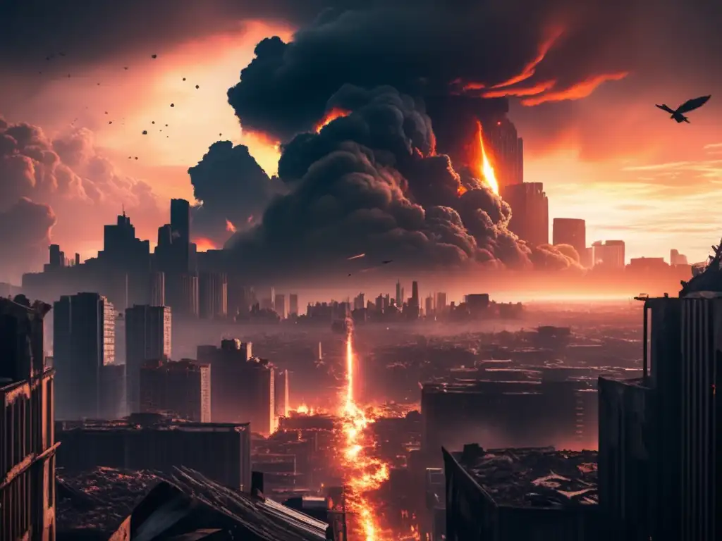 Ciudad postapocalíptica: destrucción y renacimiento Impacto asteroides: ciudad postapocalíptica, ruinas, incendios, naturaleza y figura solitaria