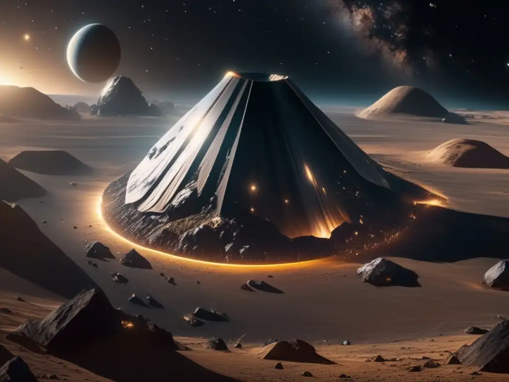 Impacto asteroides extinción dinosaurios: majestuosa imagen de minado espacial con asteroide metálico y drones mineros