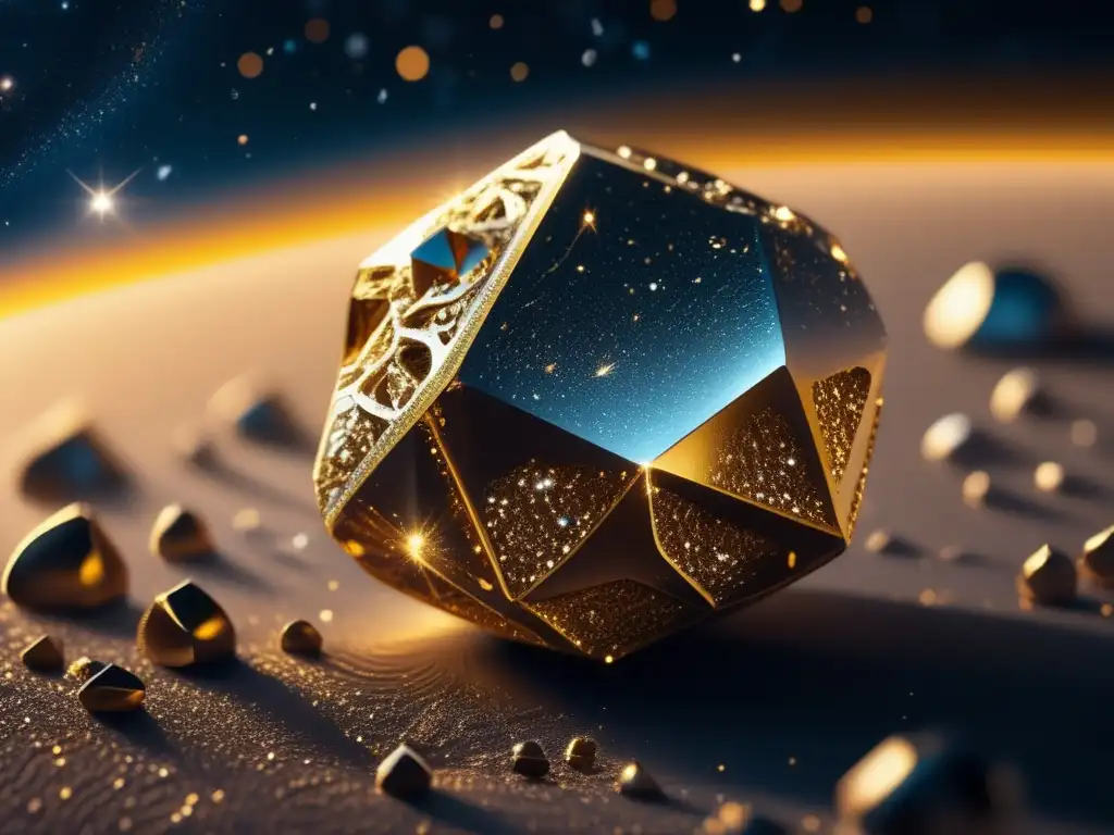 Asteroide metálico vibrante en el espacio Impacto de asteroides en joyería y electrónica