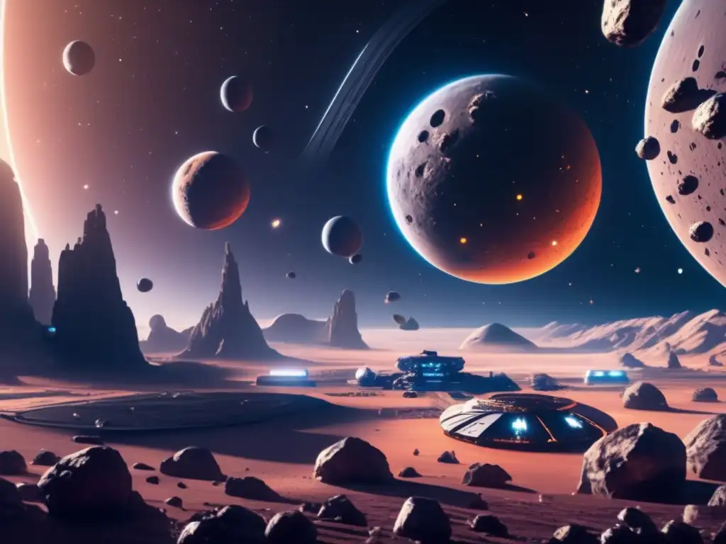 Impacto asteroides Tierra: Estación espacial futurista, asteroides metálicos, astronautas, minería, tecnología avanzada