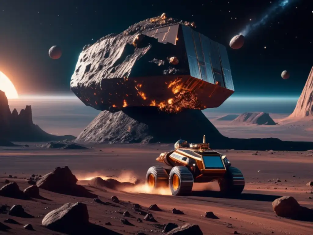 Mineria de asteroides: Recursos y colonización Impacto de la explotación de asteroides en el espacio: mineros futuristas extraen recursos en un asteroide metálico gigantesco