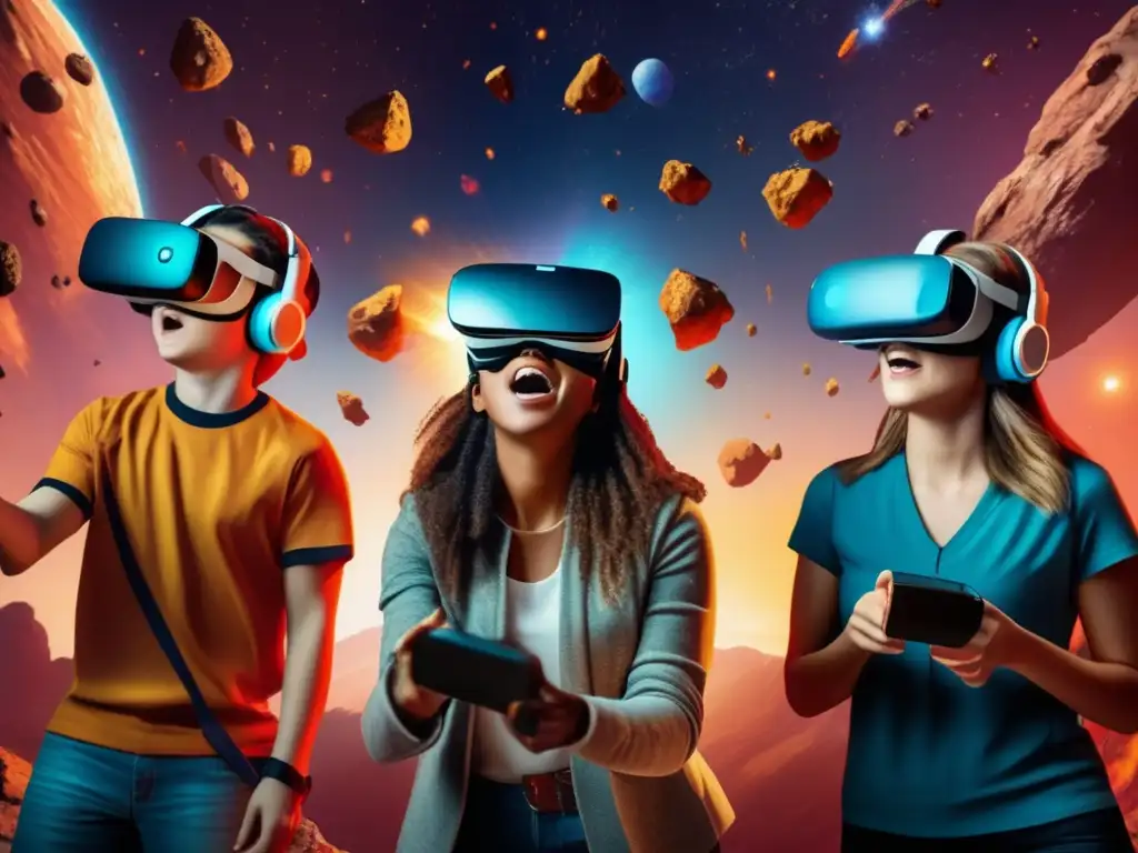 Estudiantes experimentando la colisión de asteroides en realidad virtual Impacto de asteroides en VR: estudiantes asombrados en un entorno virtual lleno de detalles, colores vibrantes y choque destructivo