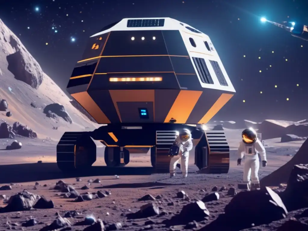 Minería espacial en asteroide: Futurismo y desafíos Impacto de la explotación de asteroides: mina futurista en el espacio, con astronautas y tecnología avanzada