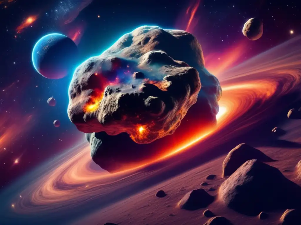 Asteroida gigante rodeada de nebulosa: potencial minero Impacto de la explotación de asteroides: mina futurista extrae recursos de asteroide en un asombroso paisaje estelar