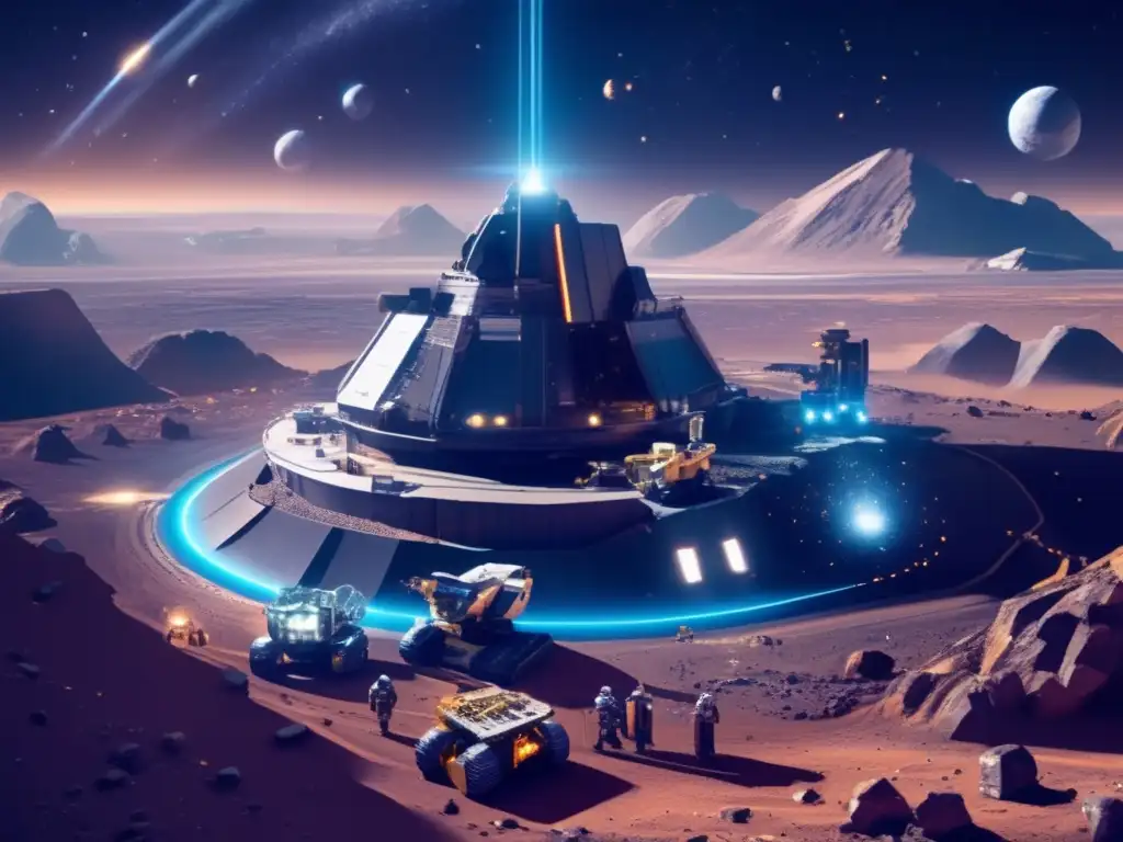Mina espacial futurista Impacto de la explotación de asteroides: Futuro minero espacial con robots y maquinaria extractora, iluminado por luces brillantes