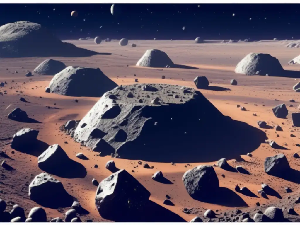 Asteroidas minados con estructuras y maquinaria de extracción Impacto de asteroides en VR: imagen de campo de asteroides con minas y maquinaria de extracción