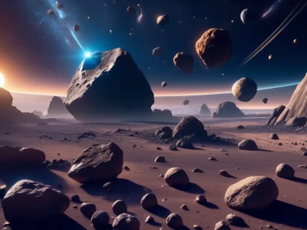 Asteroides masivos flotando en el espacio Impacto de la explotación de asteroides: Imagen 8k detallada de un vasto espacio con asteroides masivos y irregulares flotando en primer plano