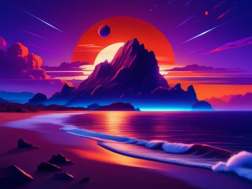 Impacto de asteroides en mareas y movimientos terrestres en un paisaje costero al atardecer