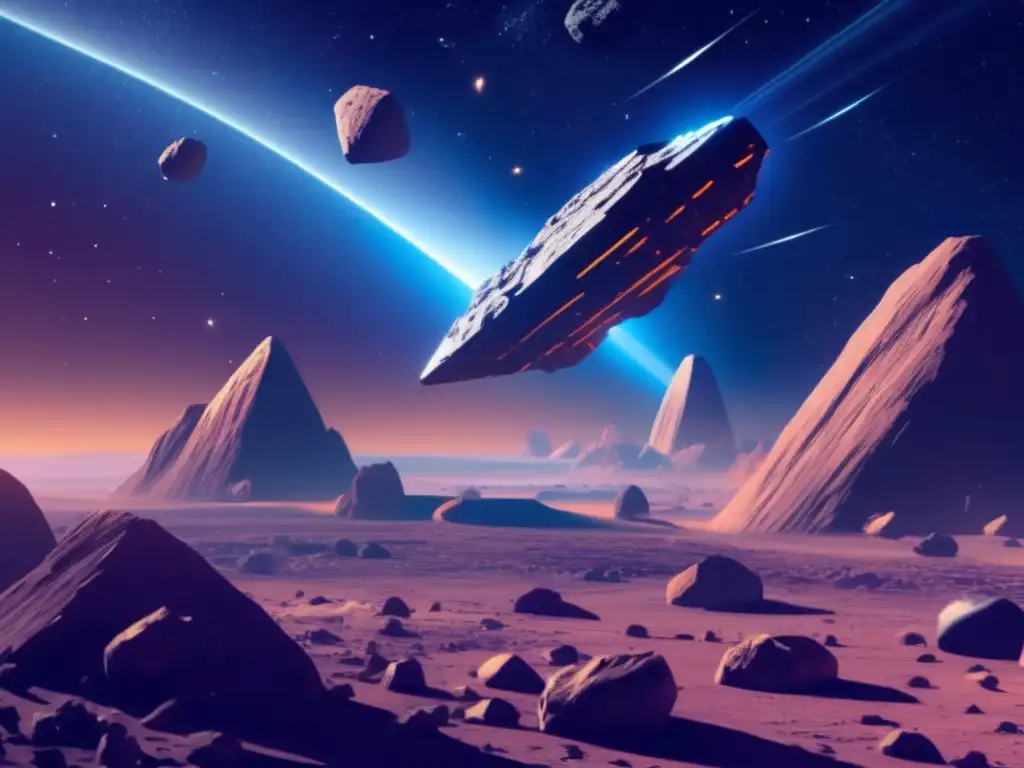 Asteroides en el espacio profundo con nave minera Impacto asteroides: narrativa especulativa, riqueza y desafíos en la extracción de minerales en el espacio