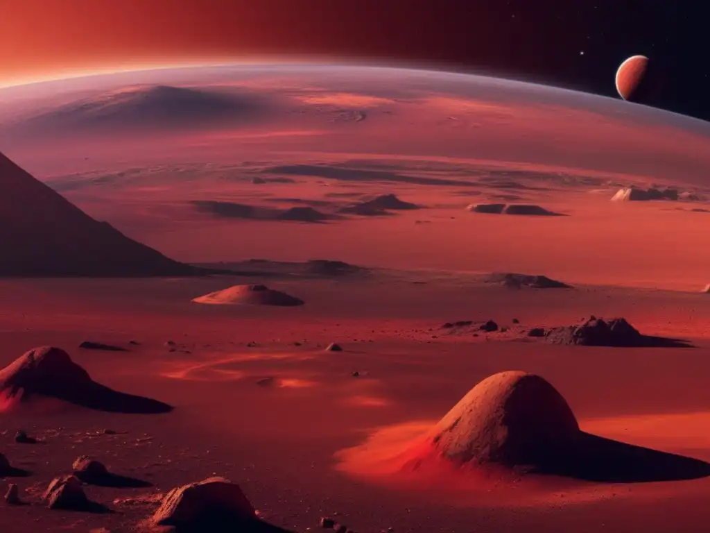 Marte: paisaje rojizo y órbita asteroides Impacto de asteroides en órbitas de Marte: paisaje rojo y poderoso