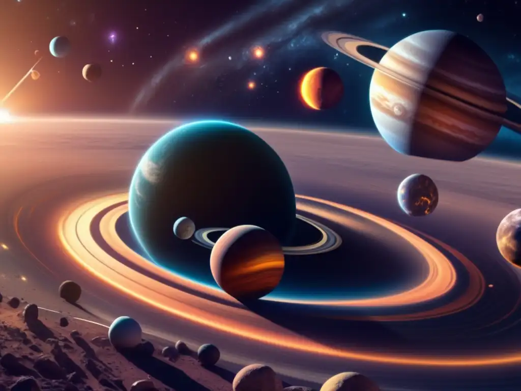 Sistema solar: órbitas planetarias y asteroides Impacto asteroides órbitas planetarias, detallada imagen 8K del sistema solar con planetas, estrella central y asteroides