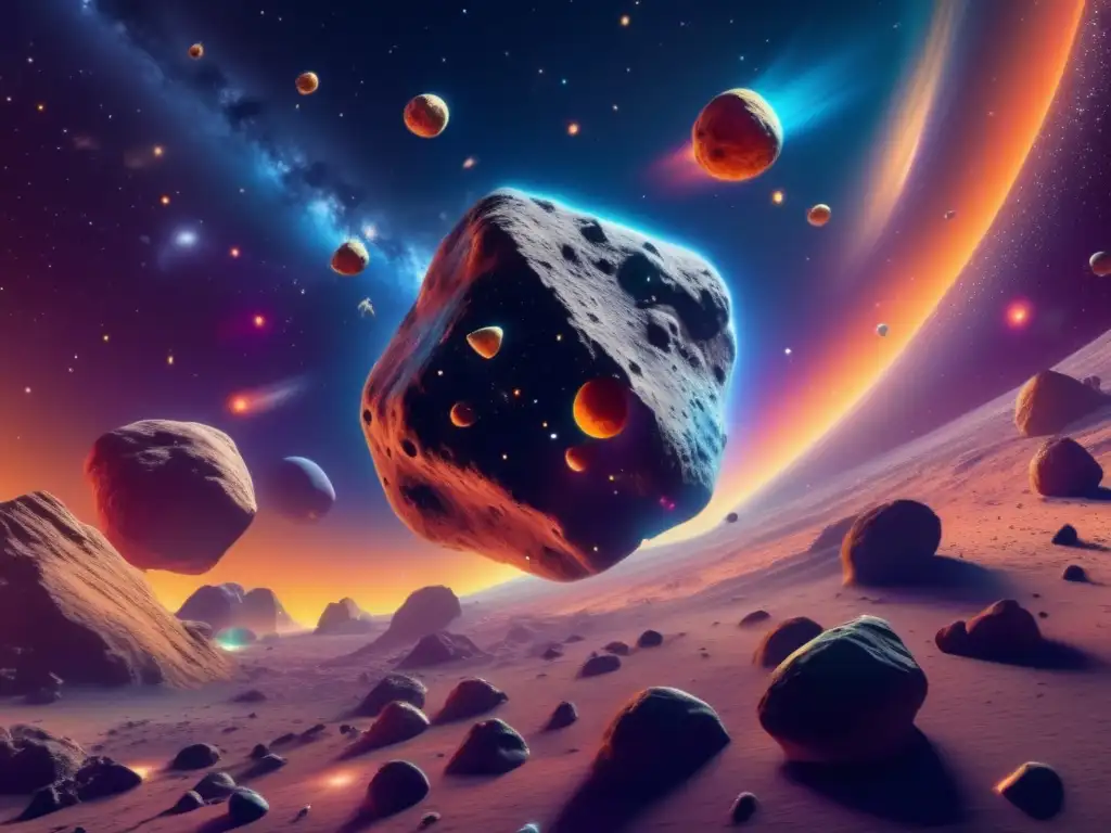 Origen y evolución de asteroides en el espacio Impacto asteroides recurso universo: Nebulosa de colores vibrantes con asteroides de formas y texturas únicas, rodeados de polvo cósmico