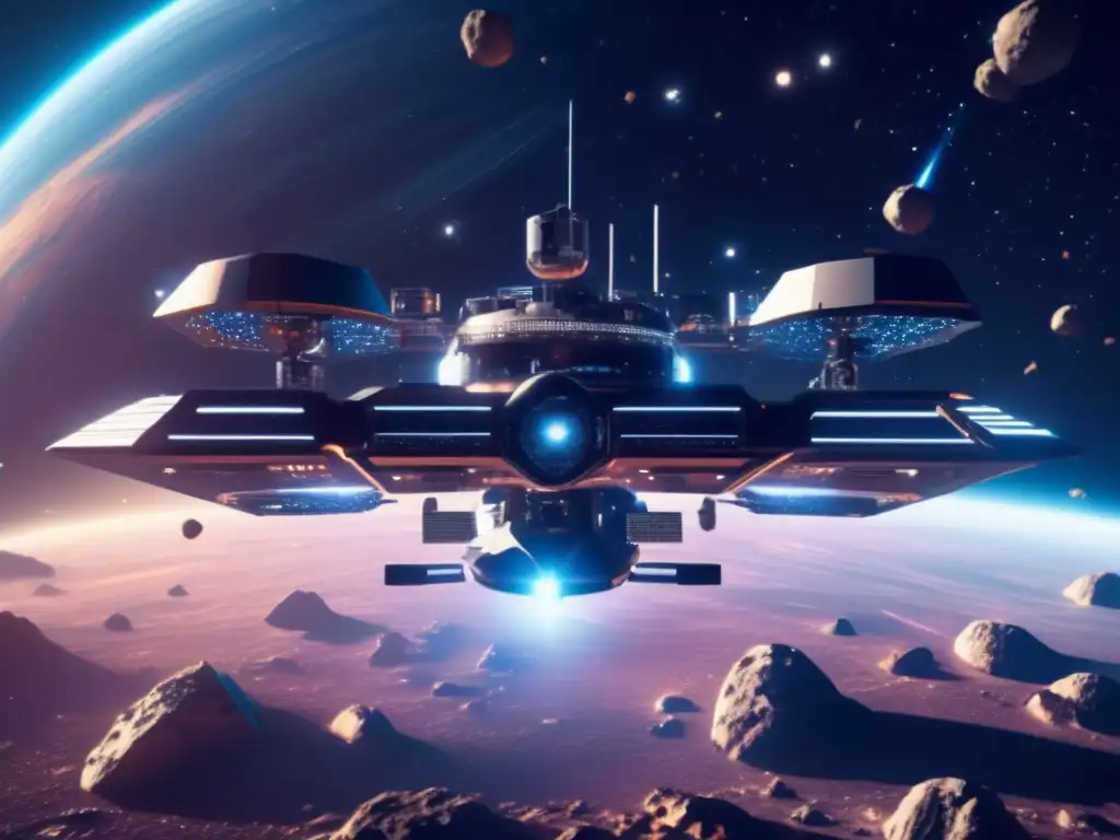 Impacto asteroides: exploración y recursos en futurista estación espacial, con IA avanzada y tecnología punta