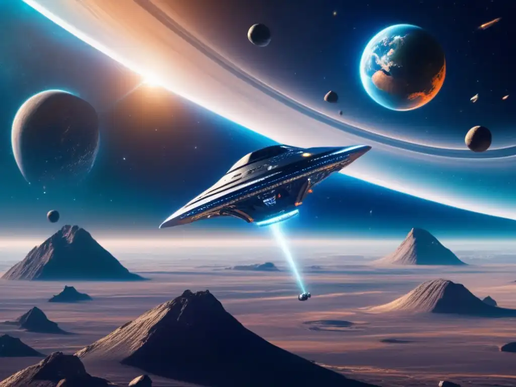 Impacto asteroides exploración recursos: nave espacial futurista