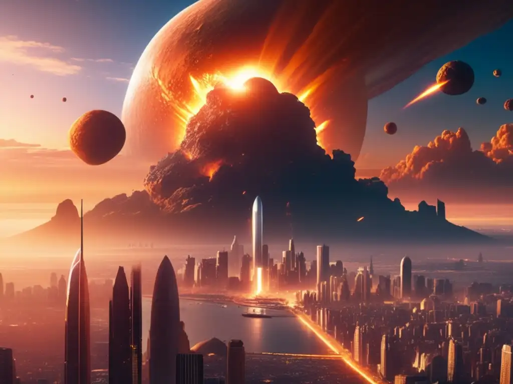 Ciudad futurista con asteroide amenazante Impacto de asteroides en la sociedad moderna