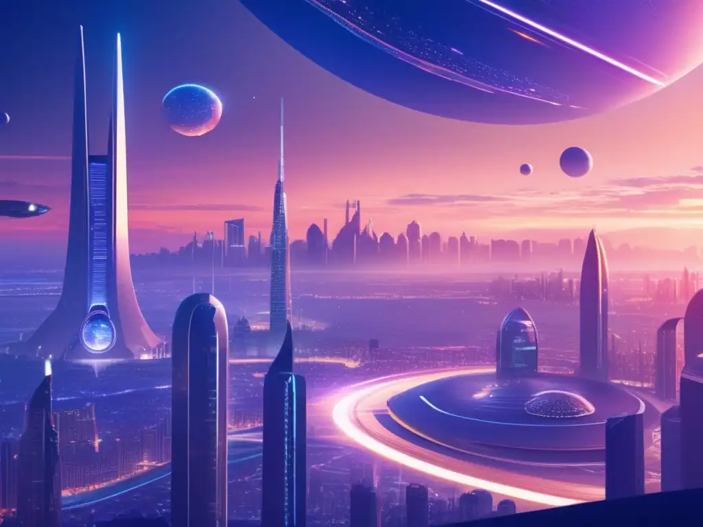 Futurista ciudad en peligro con asteroide Impacto de asteroides en la sociedad moderna