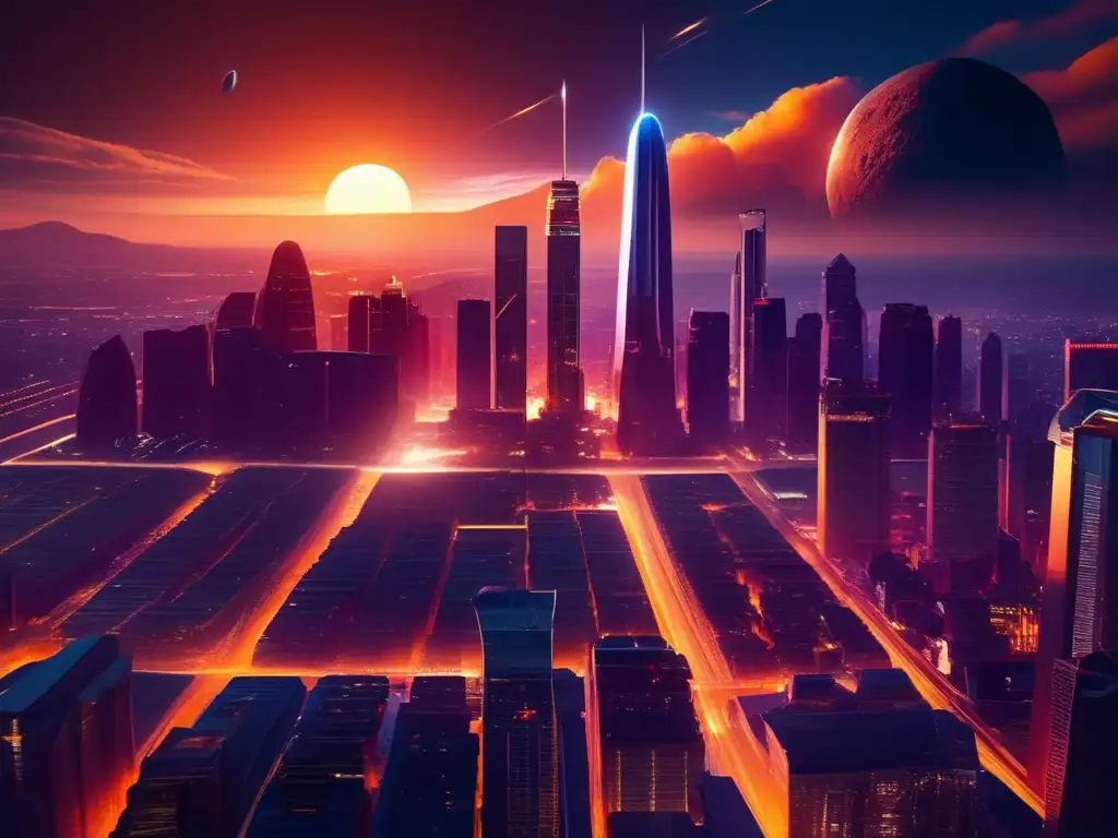 Ciudad futurista bajo amenaza Impacto asteroides sociedad moderna: ciudad futurista bañada en luz dorada, con un asteroide gigante en el cielo