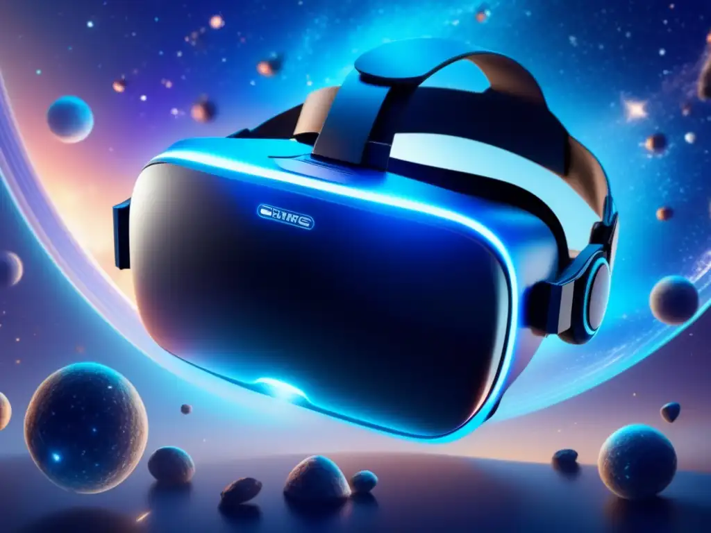 Cascada cósmica con auroras y colisión de asteroides Impacto de asteroides en VR: Headset suspendido en espacio cósmico con explosión de asteroides