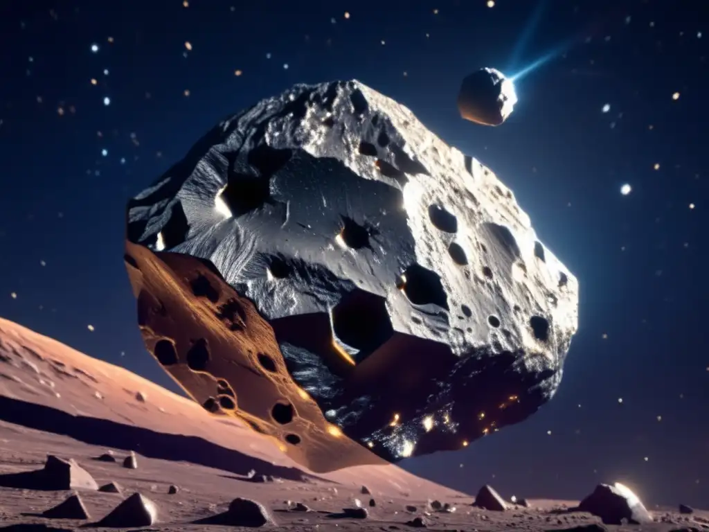 Asteroide metálico flotando en el espacio Impacto asteroides biodiversidad terrestre: asteroide metálico en el espacio con superficie rugosa, detalles intrincados y brillo cautivador