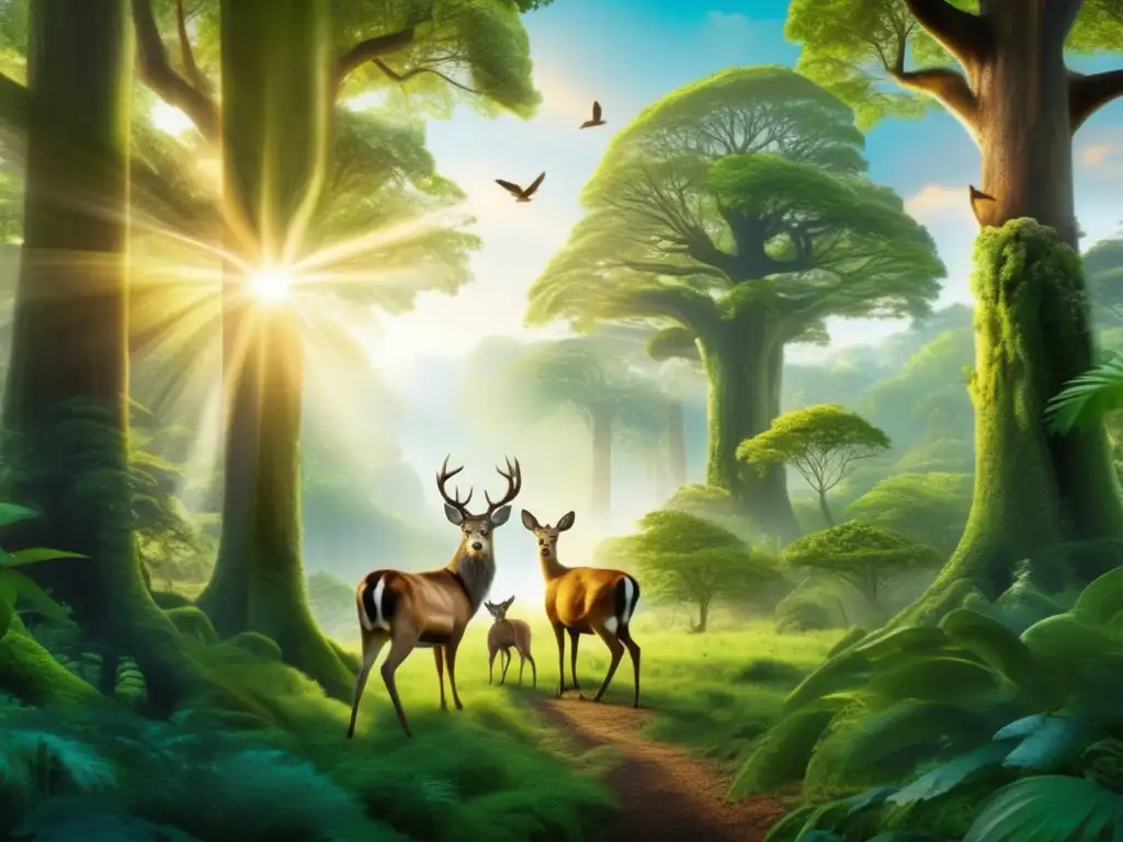 Bosque exuberante lleno de vida y biodiversidad Impacto asteroides biodiversidad terrestre - Bosque exuberante y detallado, vida abundante, árboles antiguos, fauna diversa, belleza natural