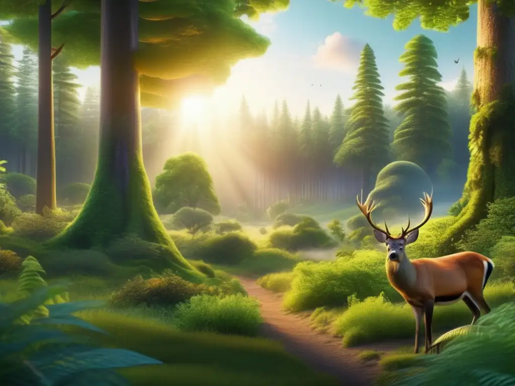 Bosque verde exuberante al amanecer: biodiversidad y belleza Impacto asteroides biodiversidad terrestre en un bosque exuberante con árboles imponentes, vida silvestre diversa y una hermosa luz dorada