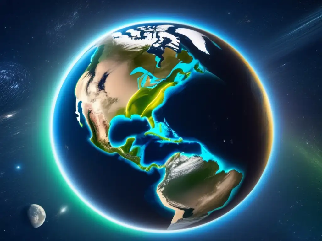Amenaza de NEOs: La Tierra rodeada de objetos cercanos al planeta Impacto asteroides biodiversidad terrestre: Imagen impactante 8k de la Tierra rodeada por NEOs, resalta la importancia de la investigación científica y tecnología avanzada en la protección planetaria