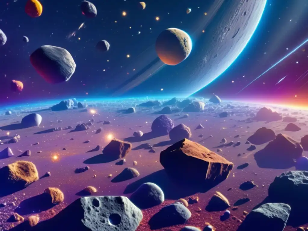 Cinturón de asteroides vibrante y detallado en el espacio Impacto de asteroides en la Tierra: un asombroso cinturón de asteroides de colores vivos y formas variadas en el espacio
