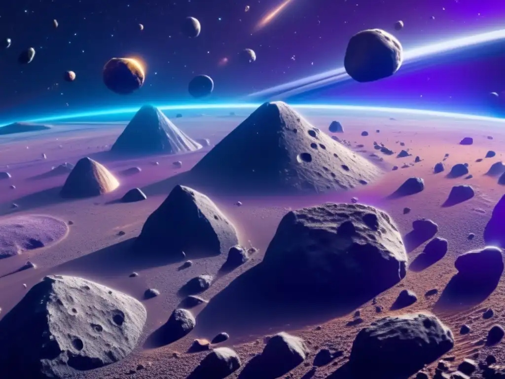 Asteroid belt con mina futurista Impacto asteroides en la Tierra: Asteroide belt 8k, variados tamaños y colores, nave minera futurista, estrellas y galaxias al fondo