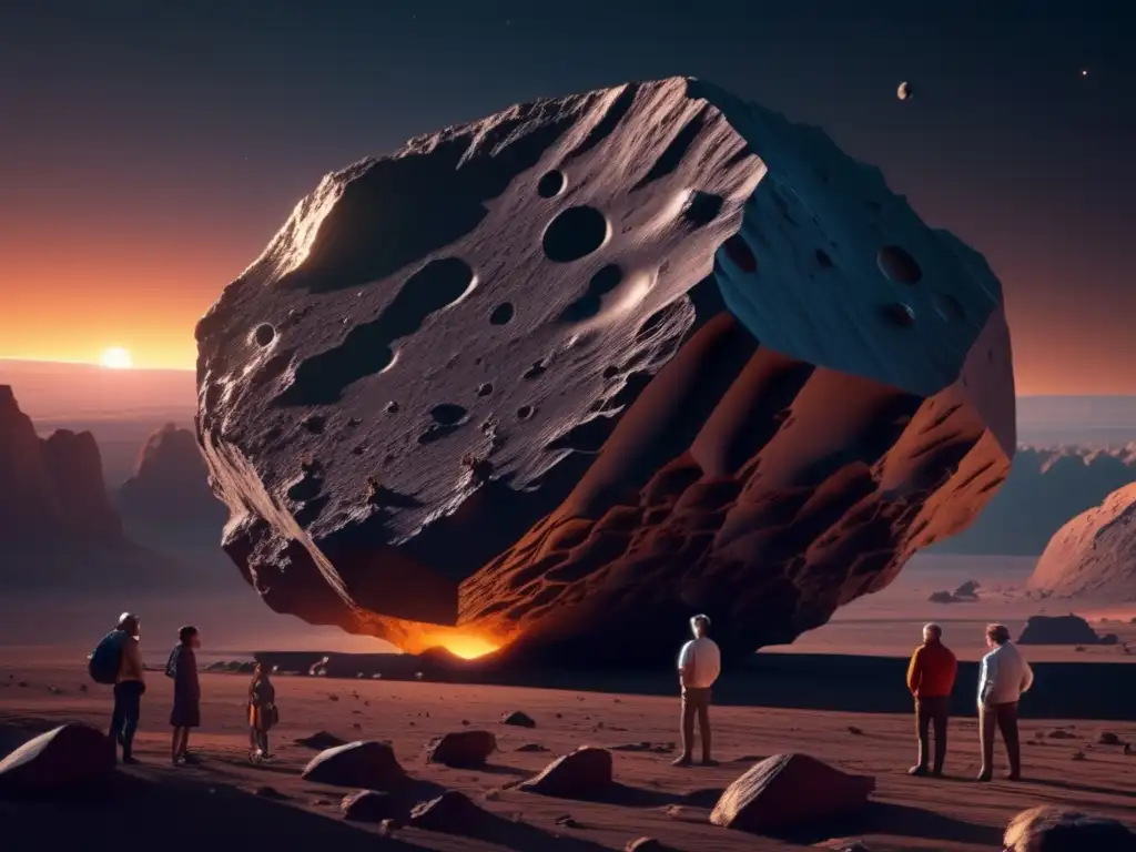 Científicos y artistas en asteroide irregular Impacto de asteroides en la tierra: científicos y artistas estudian y dibujan un asteroide irregular iluminado por el sol